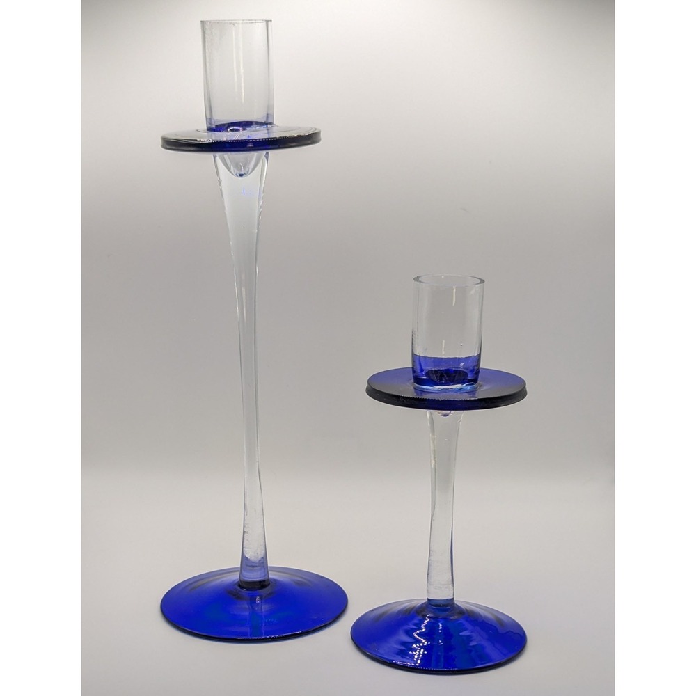 Hand-Blown Art Glass Cobalt Blue Saturn Ring Candlestick Holders Set of Two
